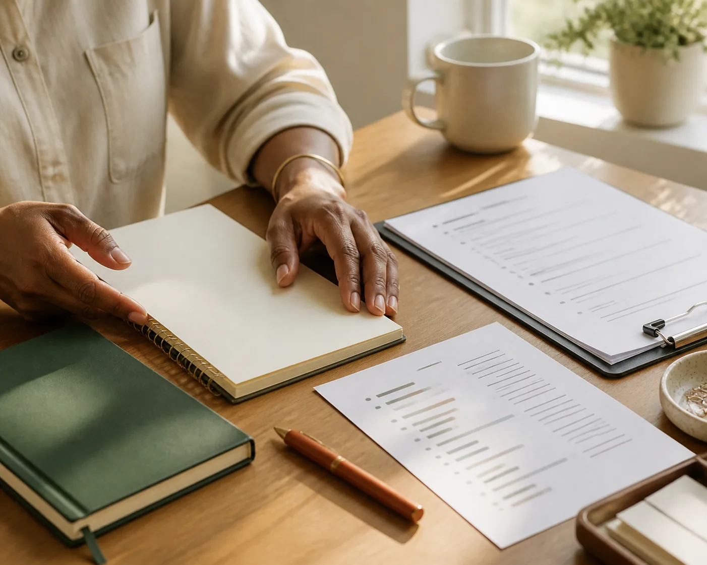 A person organizing a blank journal and question sheets before a healthcare appointment.