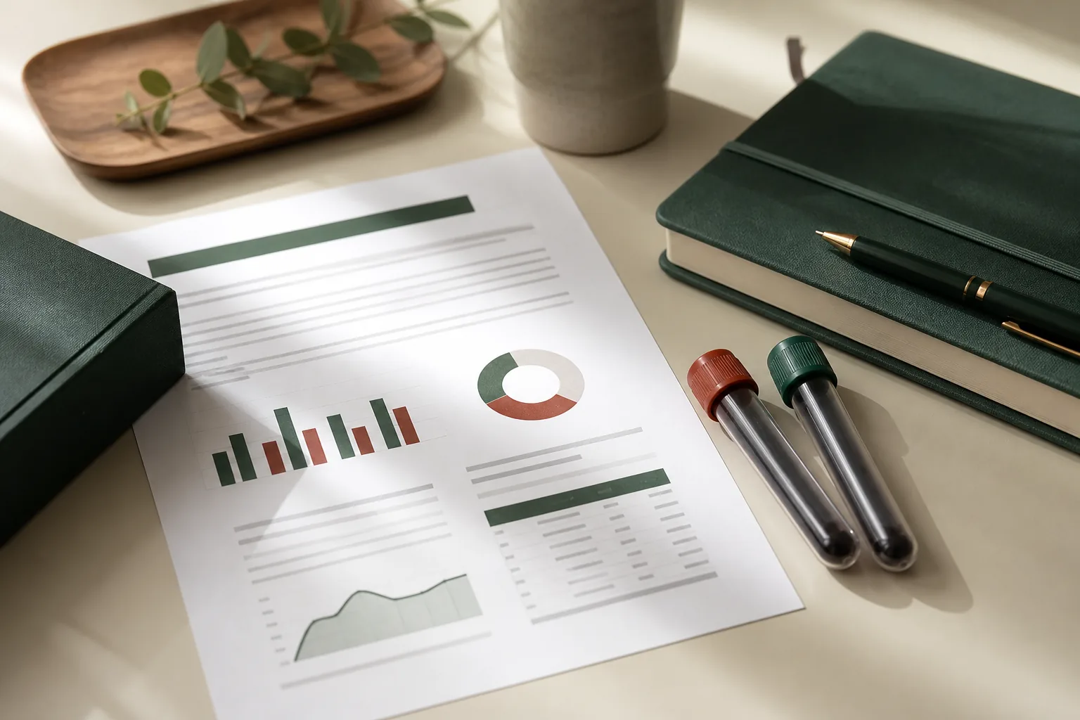 A generic laboratory report and capped sample tubes on a calm clinical desk.