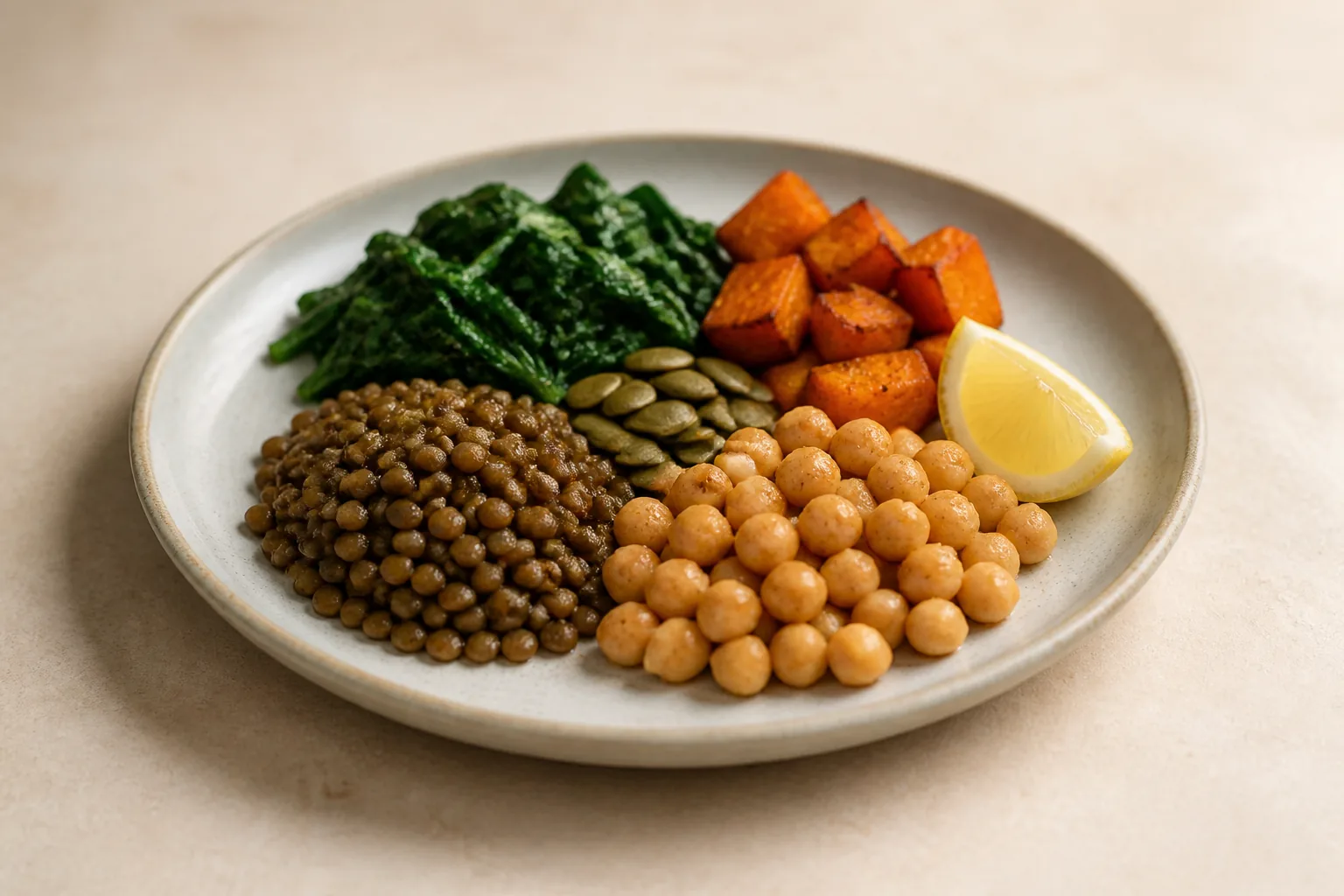 A balanced plate with lentils, chickpeas, leafy greens, seeds, roasted vegetables, and citrus.